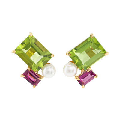 Peridot, Garnet and Pearl Earrings