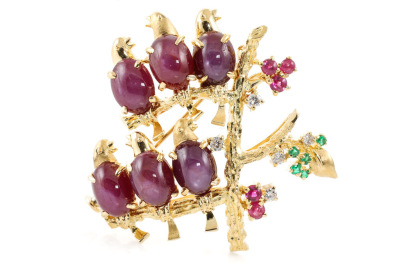 Ruby & Diamond Birds on a Tree" Brooch"