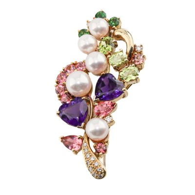 Akoya Pearl, Gemstone & Diamond Flora Brooch