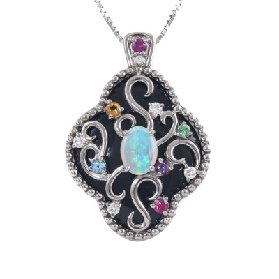 Opal, Multi Colour Gemstone & Diamond Pendant
