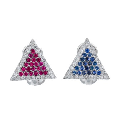 Ruby, Blue Sapphire & Diamond Earrings