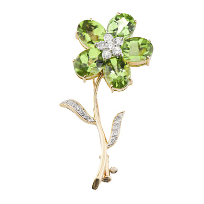10.28ct Peridot and Diamond Flower Brooch