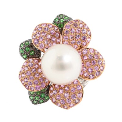 13.4mm Pearl, Sapphire, Garnet & Diamond Ring