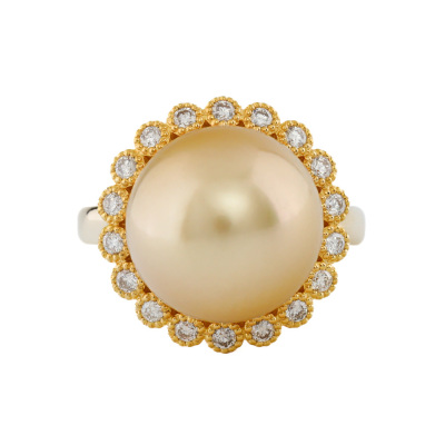 13.4mm Golden South Sea Pearl and Diamond Ring