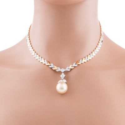 15.6mm Golden South Pearl & Diamond Necklace
