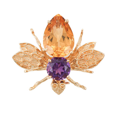 2.40ct Citrine & 0.70ct Amethyst Bee brooch