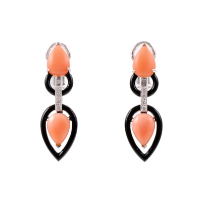 Coral, Onyx and Diamond Earrings