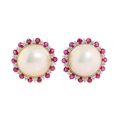 12.6mm Mabe Pearl, Ruby & Diamond Earrings