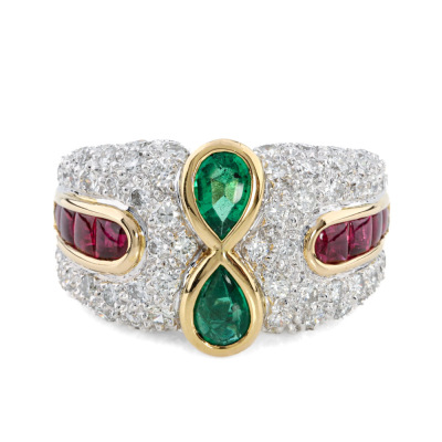 Emerald, Ruby & Diamond 18ct Gold Ring
