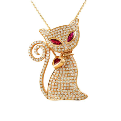Ruby and Diamond Cat Brooch Pendant