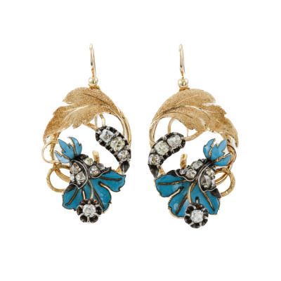 1.30ct Diamond Floral Earrings with Blue Enamel