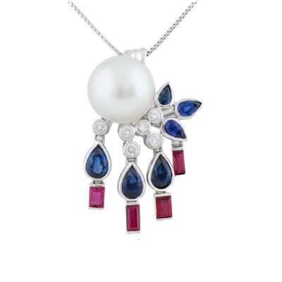 12.2mm South Sea Pearl, Sapphire Ruby Pendant