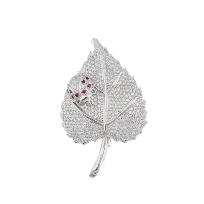 3.27ct Diamond & Ruby Leaf & Ladybug Brooch