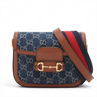 Gucci GG Denim Shoulder Bag Navy x Brown