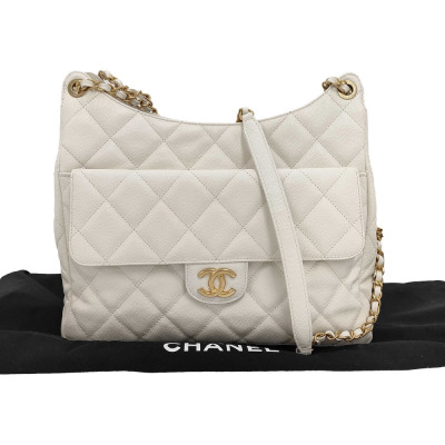 Chanel Wavy CC Hobo Bag White Caviar Skin