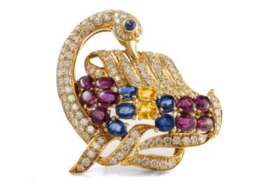 Sapphire, Ruby & Diamond Swan Brooch 18ct Gold 18.5g*