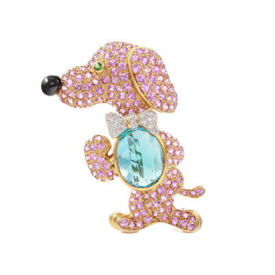 Topaz, Pink Sapphire & Diamond Brooch 18ct Gold 21.7g