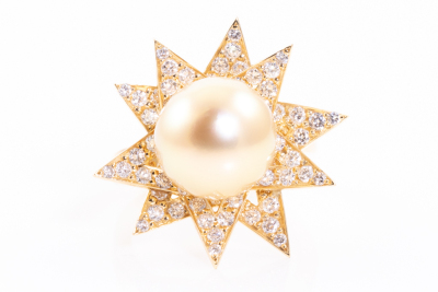 Golden South Sea Pearl & Diamond Ring 18ct Gold 9.9g*