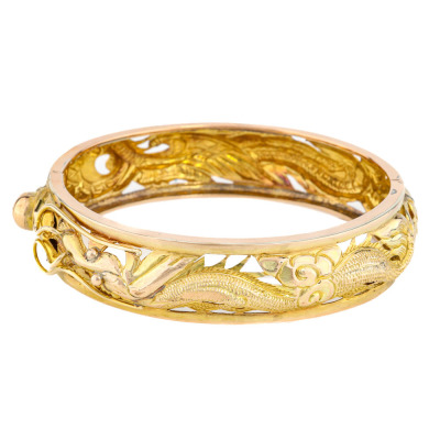 Gold Carved Dragon & Phoenix Bangle 9ct 29.1g