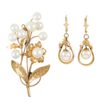 Set of Akoya Pearl Floral Brooch & Earrings