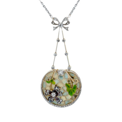 Art Nouveau Plique a Jour Diamond Necklace