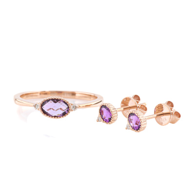 Set of Amethyst Diamond Ring & Earrings