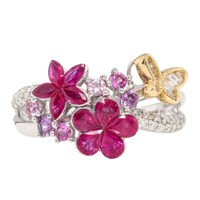 Ruby, Sapphire & Diamond Flower & Butterfly Ring