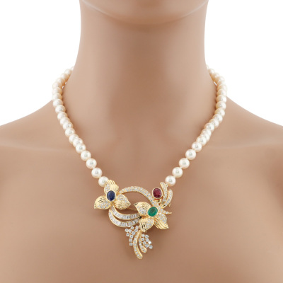 Ruby Sapphire Emerald & Diamond Pearl Necklace