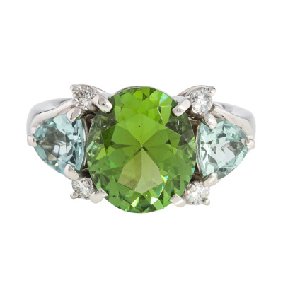 3.23ct Peridot, Aquamarine & Diamond Ring