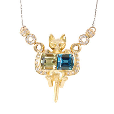 Quartz, Topaz & Diamond Cat Necklace
