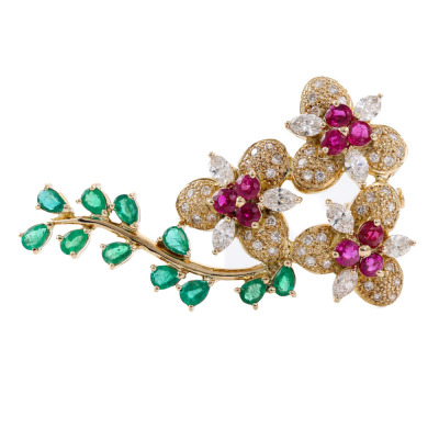 Ruby, Emerald & Diamond Flower Brooch