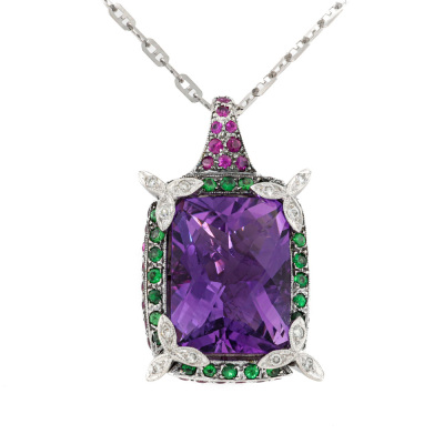 10.74ct Amethyst, Multicolour Gemstone Pendant 18ct Gold