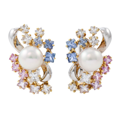 Akoya Pearl & Multicolour Sapphire Earrings