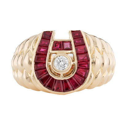 Horse Shoe Ruby & Diamond Mens Ring