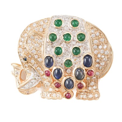 Multi Gemstone & Diamond Elephant Gold Brooch