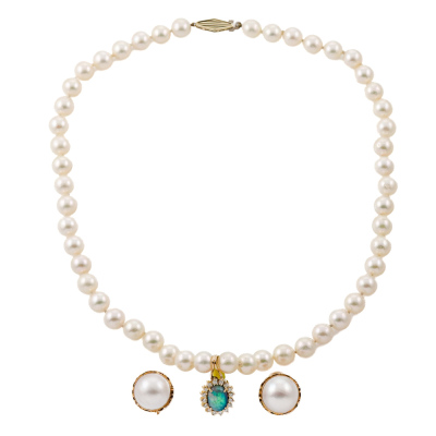 Opal & Akoya Pearl Necklace & Mabe Pearl Earrings