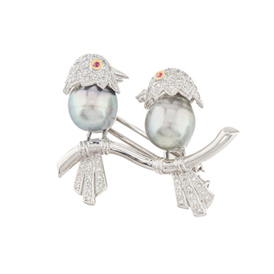 Tahitian Pearl, Ruby & Diamond Bird Brooch 18ct Gold