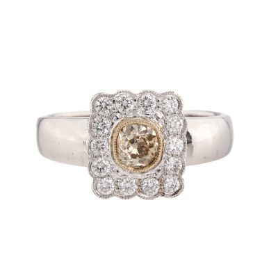 Old Mine Cut Champagne & White Diamond Ring