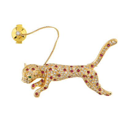 Ruby & Diamond Panther Brooch 18ct Gold 17g
