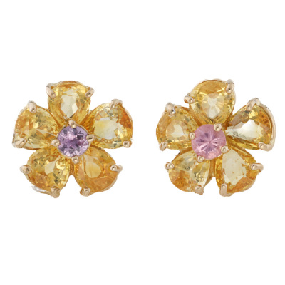 Yellow & Pink Sapphire Flower Earrings