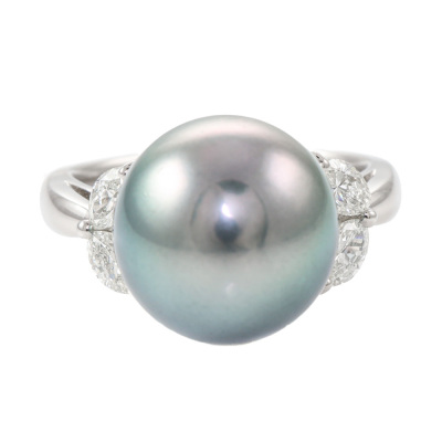 12.5mm Tahitian Pearl & Diamond Platinum Ring