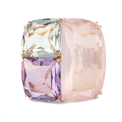 Rose Quartz, Green Quartz and Amethyst Gold Ring