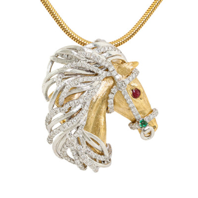 Diamond, Ruby & Emerald Horse Head Pendant