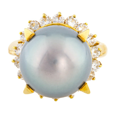 14.5mm Tahitian Pearl & Diamond Ring 18ct Gold