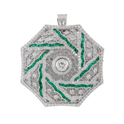 2.75ct Emerald & 3.24ct Diamond Brooch 23.6G