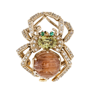 Quartz, Garnet, Emerald & Diamond Brooch