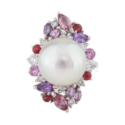 12.7mm South Sea Pearl, Spinel & Diamond Ring