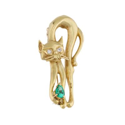 0.72ct Emerald & Diamond Cat Brooch 18ct Gold