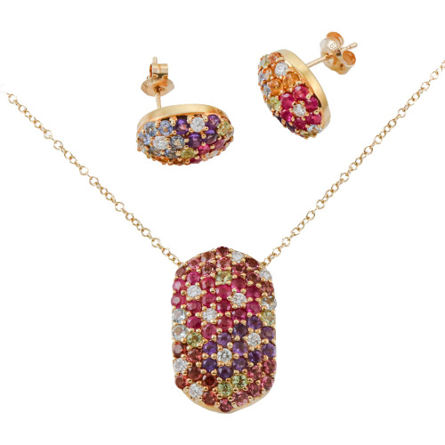 Multicolour Gemstone & Diamond Pendant & Earrings Set
