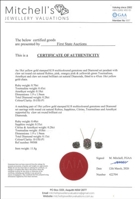 Multicolour Gemstone & Diamond Pendant & Earrings Set - 5